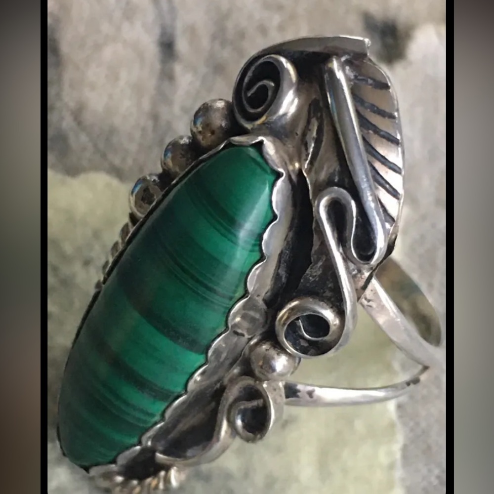 Vintage Signed Navajo Artist Malachite Pawn Silver Ring / S 6 Justin Morris